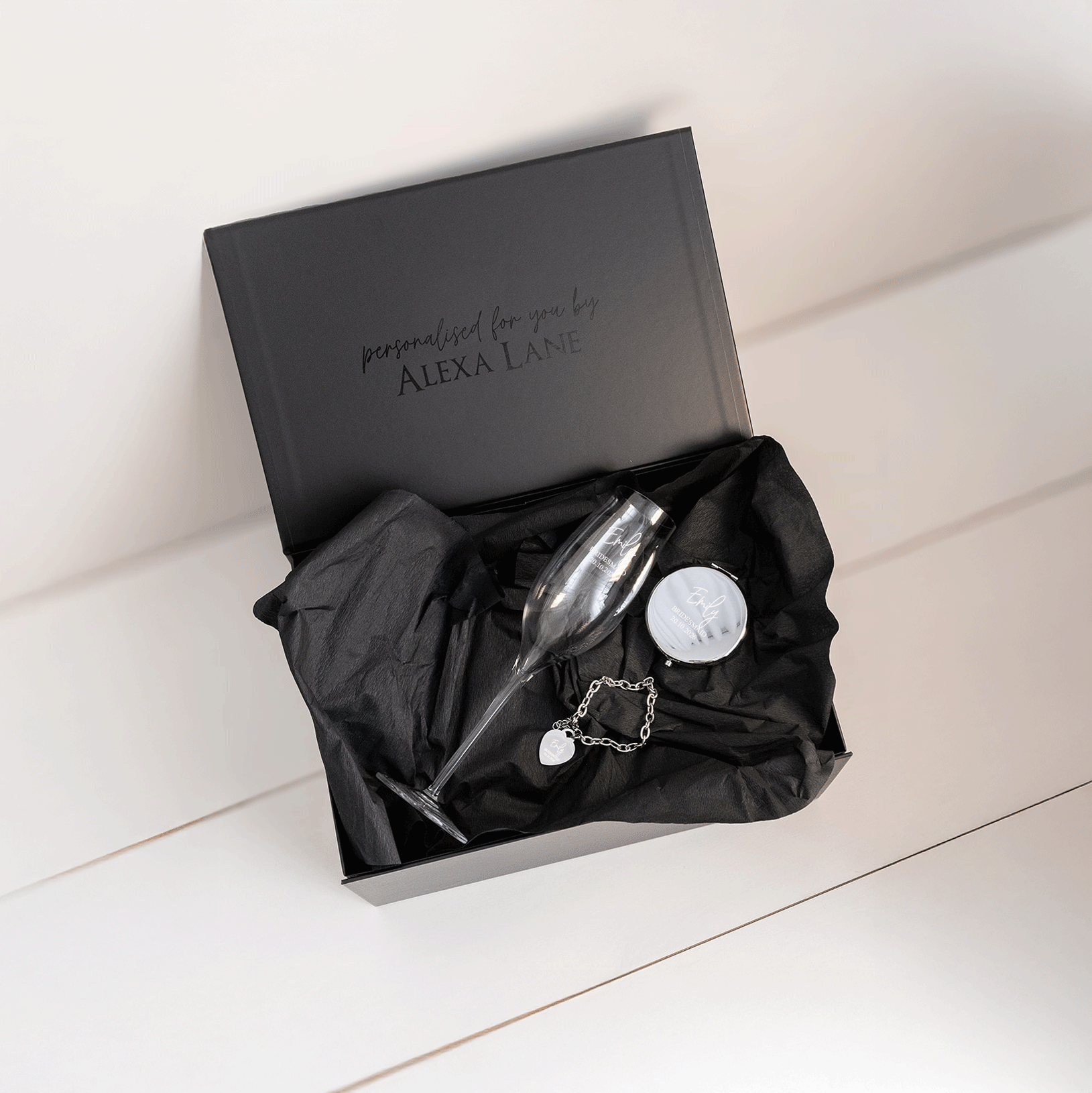 Luxury Bridal Party Gift Box – Personalised Flute, Mirror & Bracelet | Bridesmaid, Maid of Honour, Mother of Bride