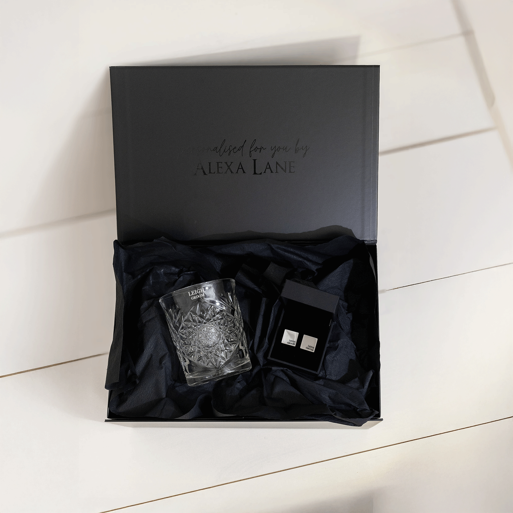 Engraved Whiskey Glass & Cufflinks Gift Set – Personalised Men's Gift Box