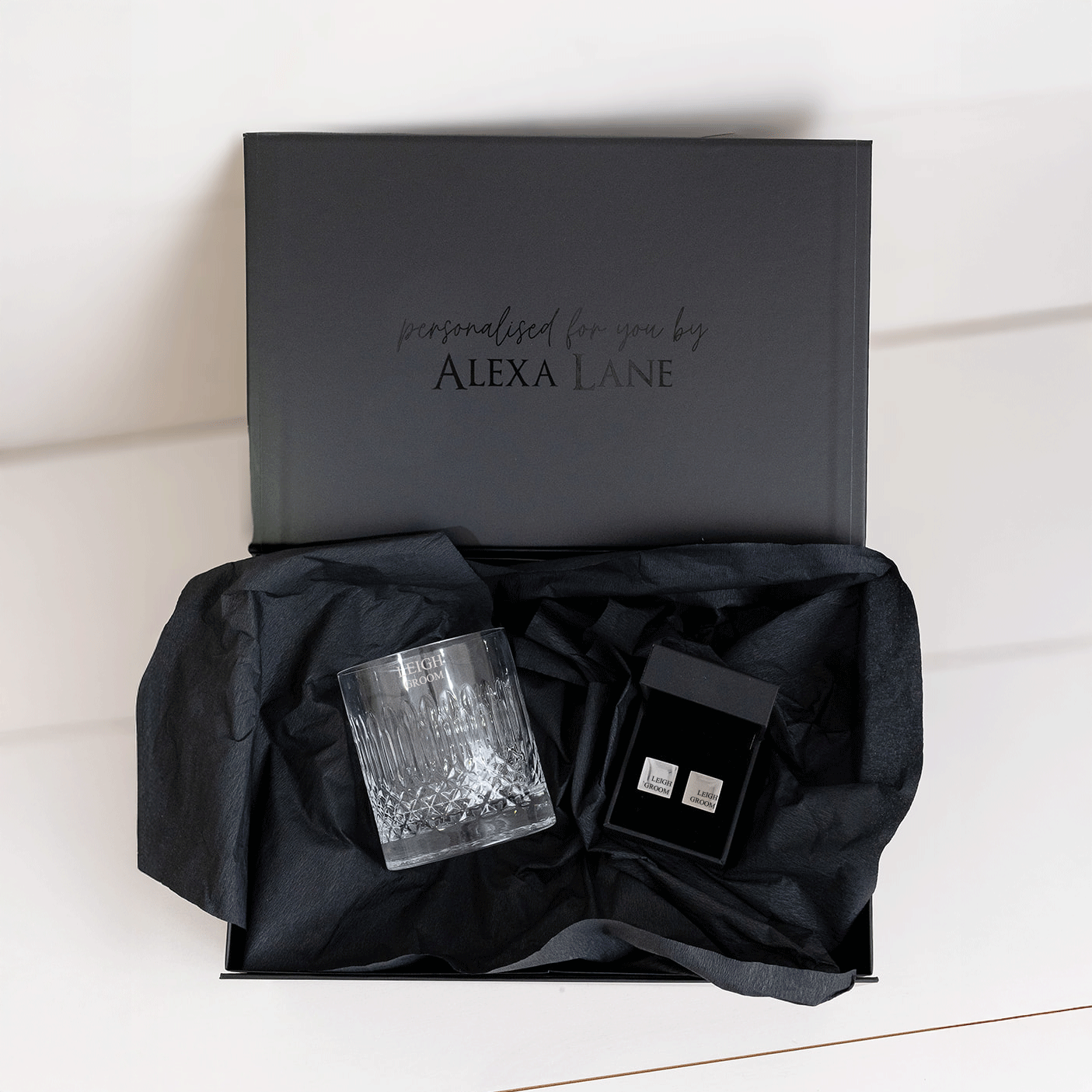 Engraved Whiskey Glass & Cufflinks Gift Set – Personalised Men's Gift Box (Liguria)