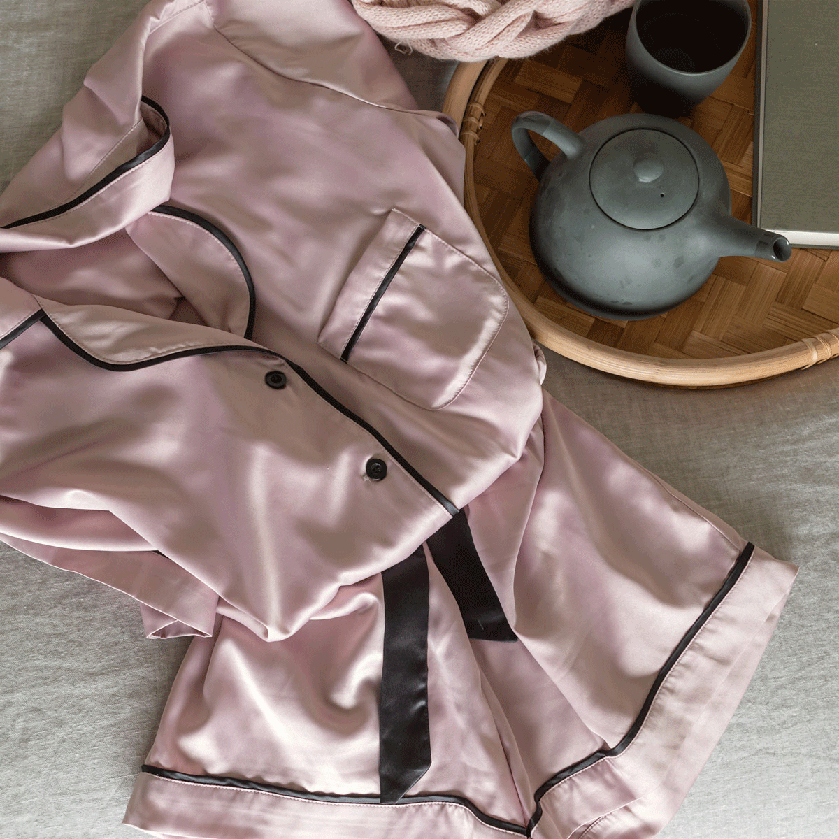 Satin Pyjama Set - Short Sleeve Blush Pink Black