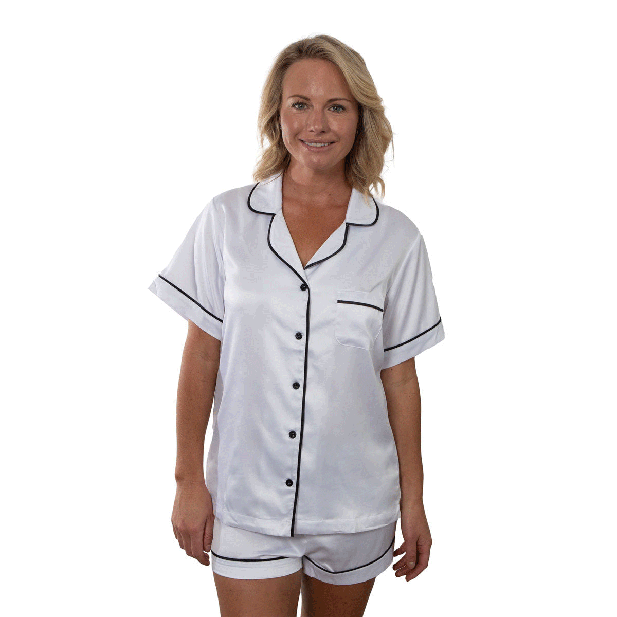 Satin Pyjama Set - Short Sleeve White Black