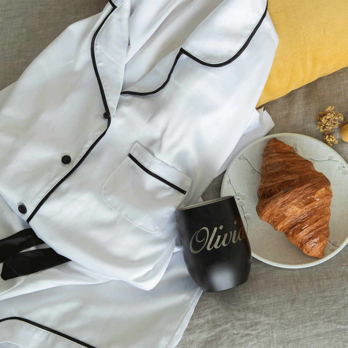 Satin Pyjama Set - Short Sleeve White Black