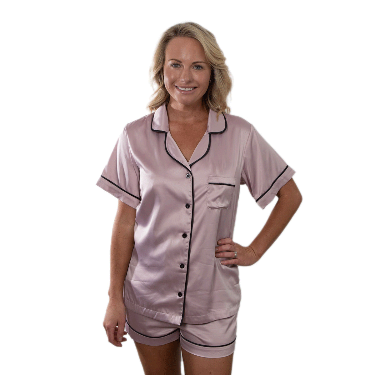 Satin Pyjama Set - Short Sleeve Blush Pink Black