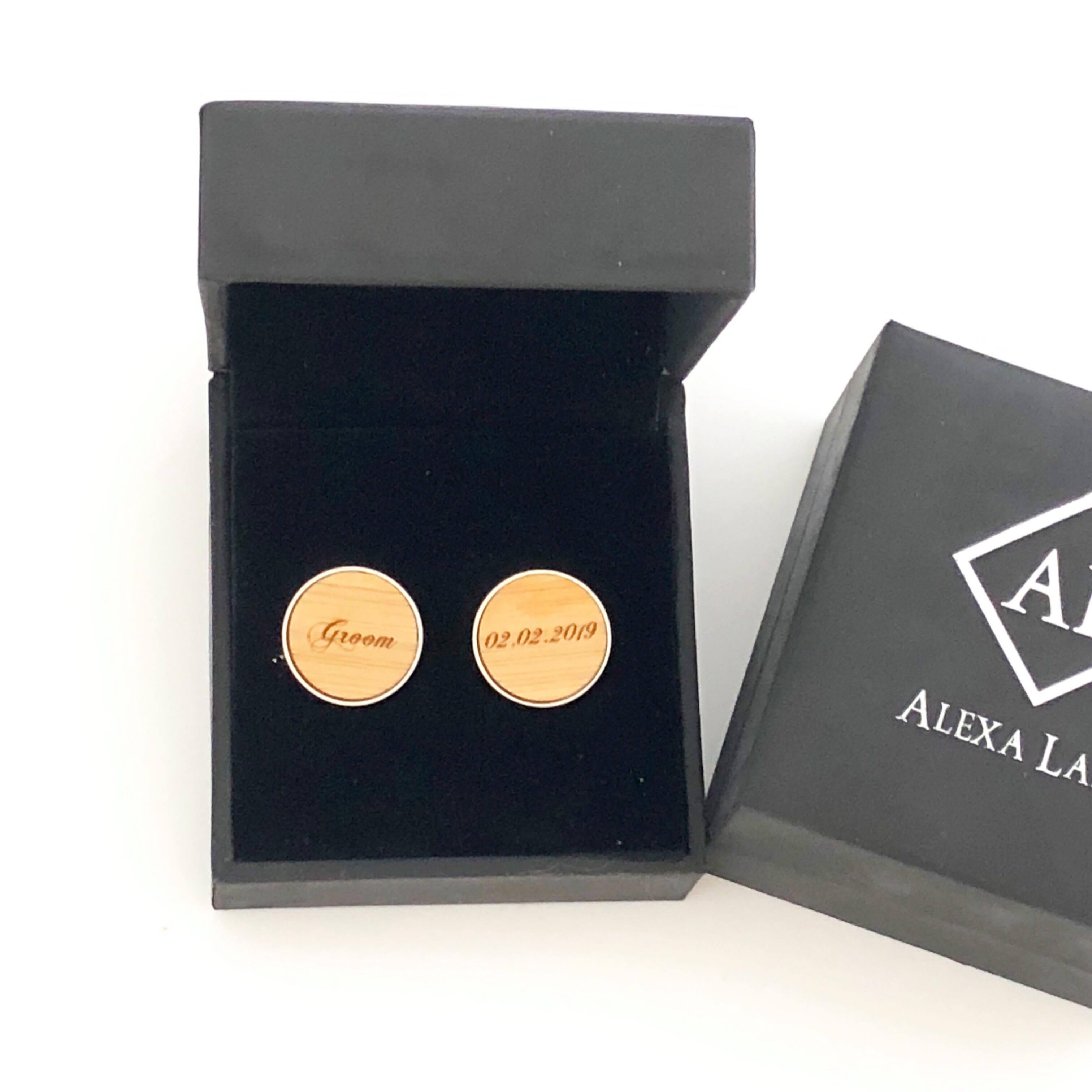 Etched bamboo and stainless steel groom cufflinks - Alexa Lane