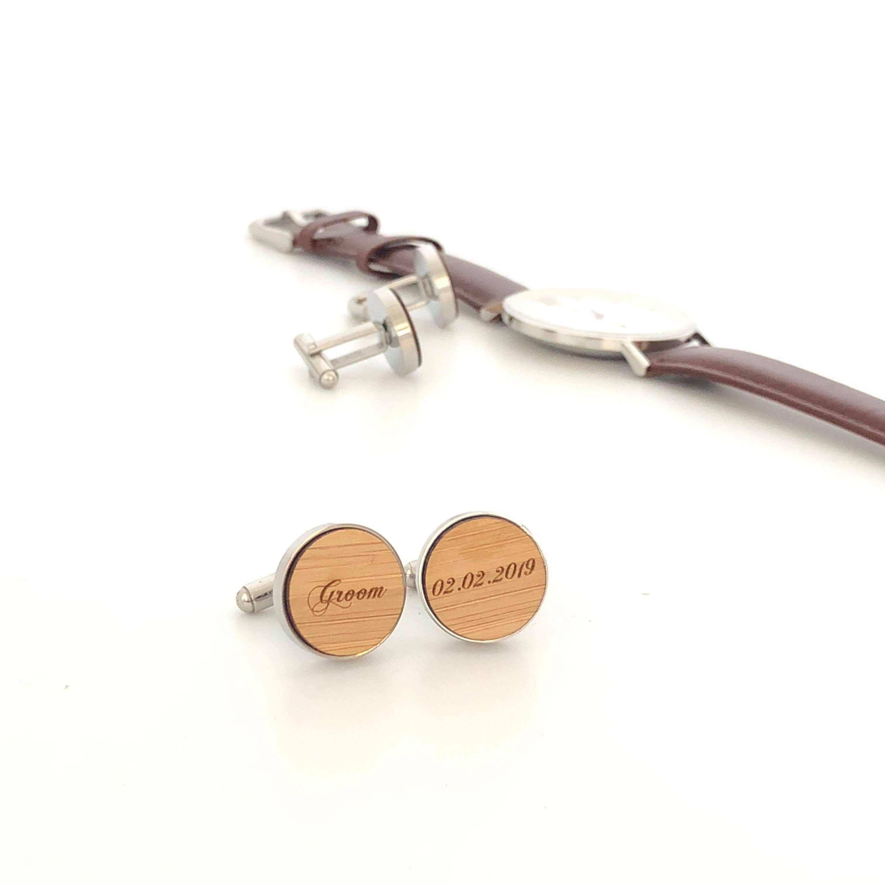 Etched bamboo and stainless steel groom cufflinks - Alexa Lane