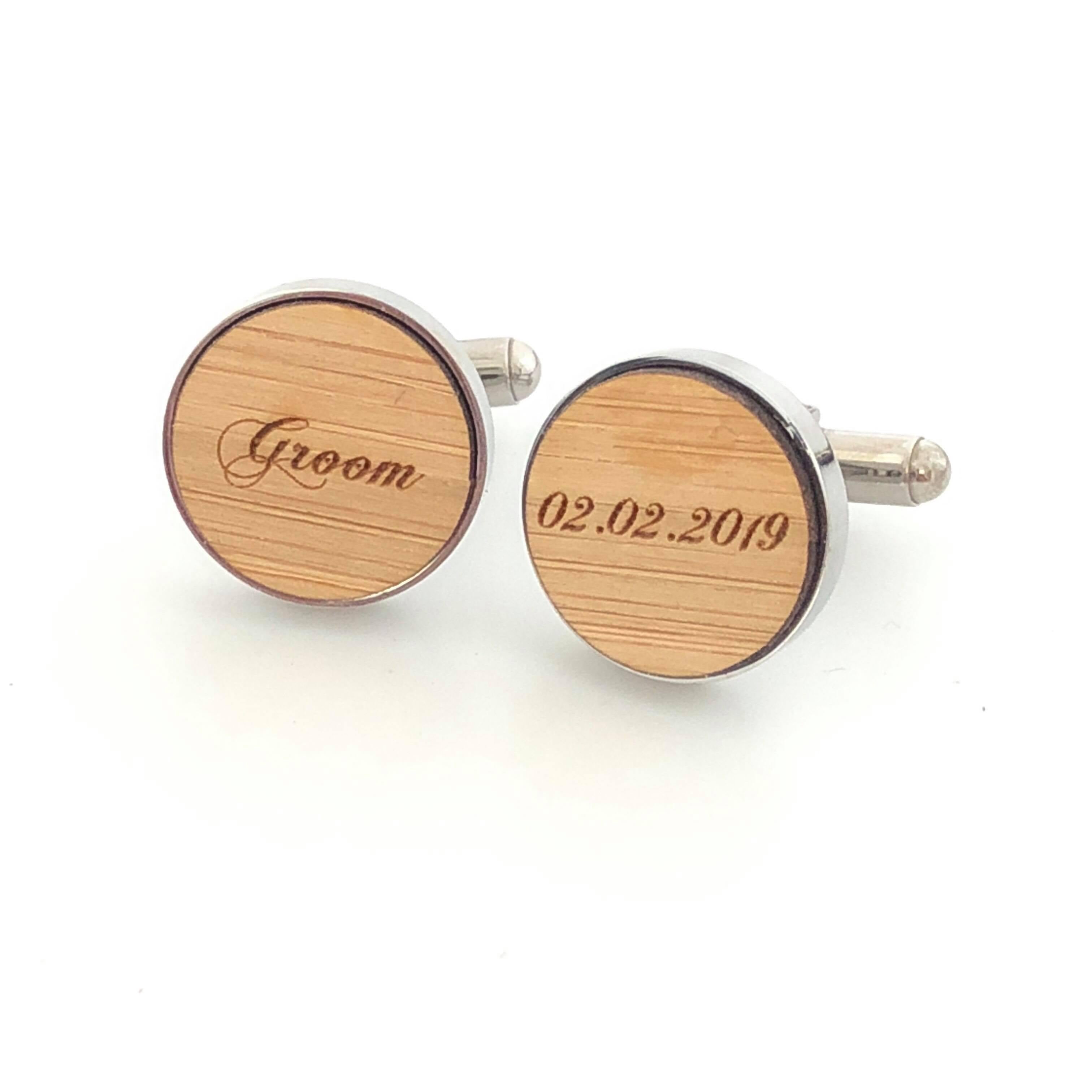 Etched bamboo and stainless steel groom cufflinks - Alexa Lane