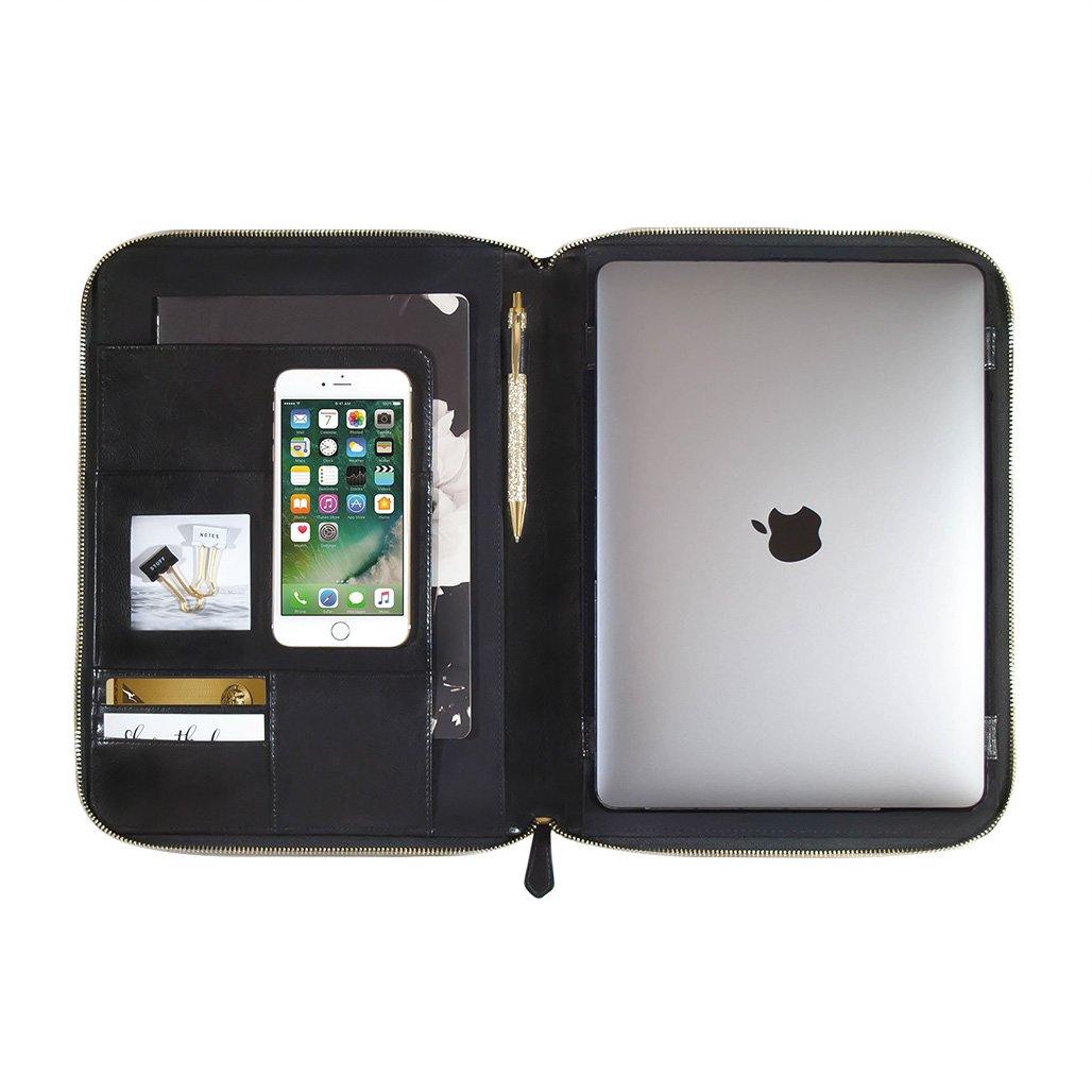 A4 Genuine Leather Black Zippered Compendium - Alexa Lane