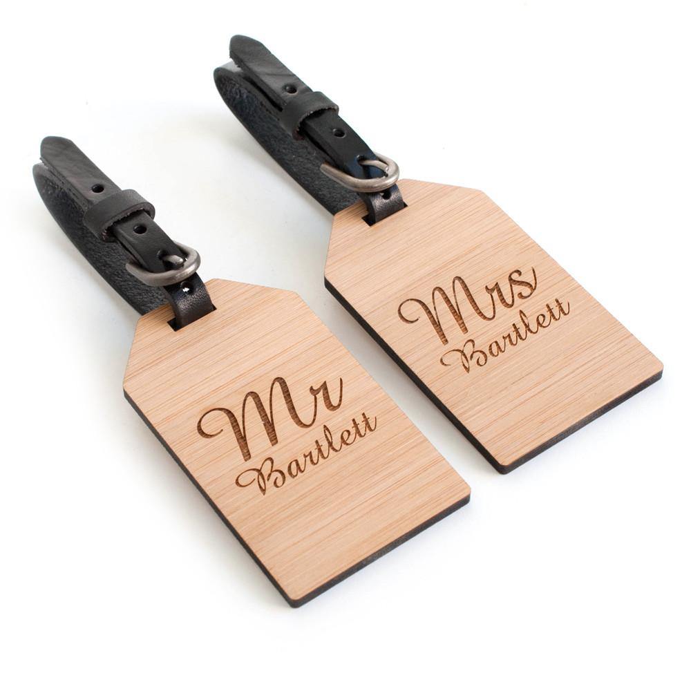 Mr & Mrs Personalized Couples Wooden Luggage Tags - Bamboo