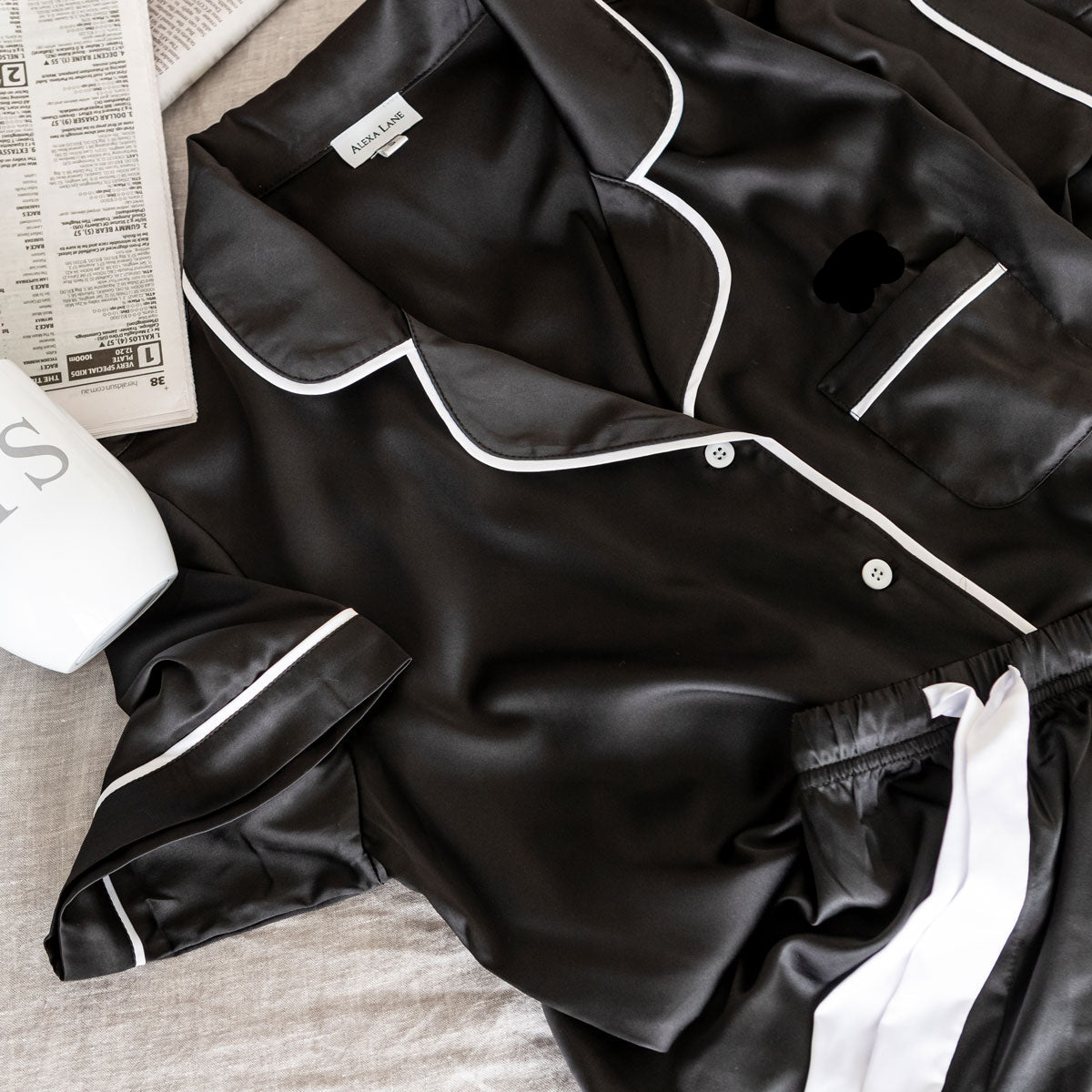 Satin Pyjama Set - Short Sleeve Black White