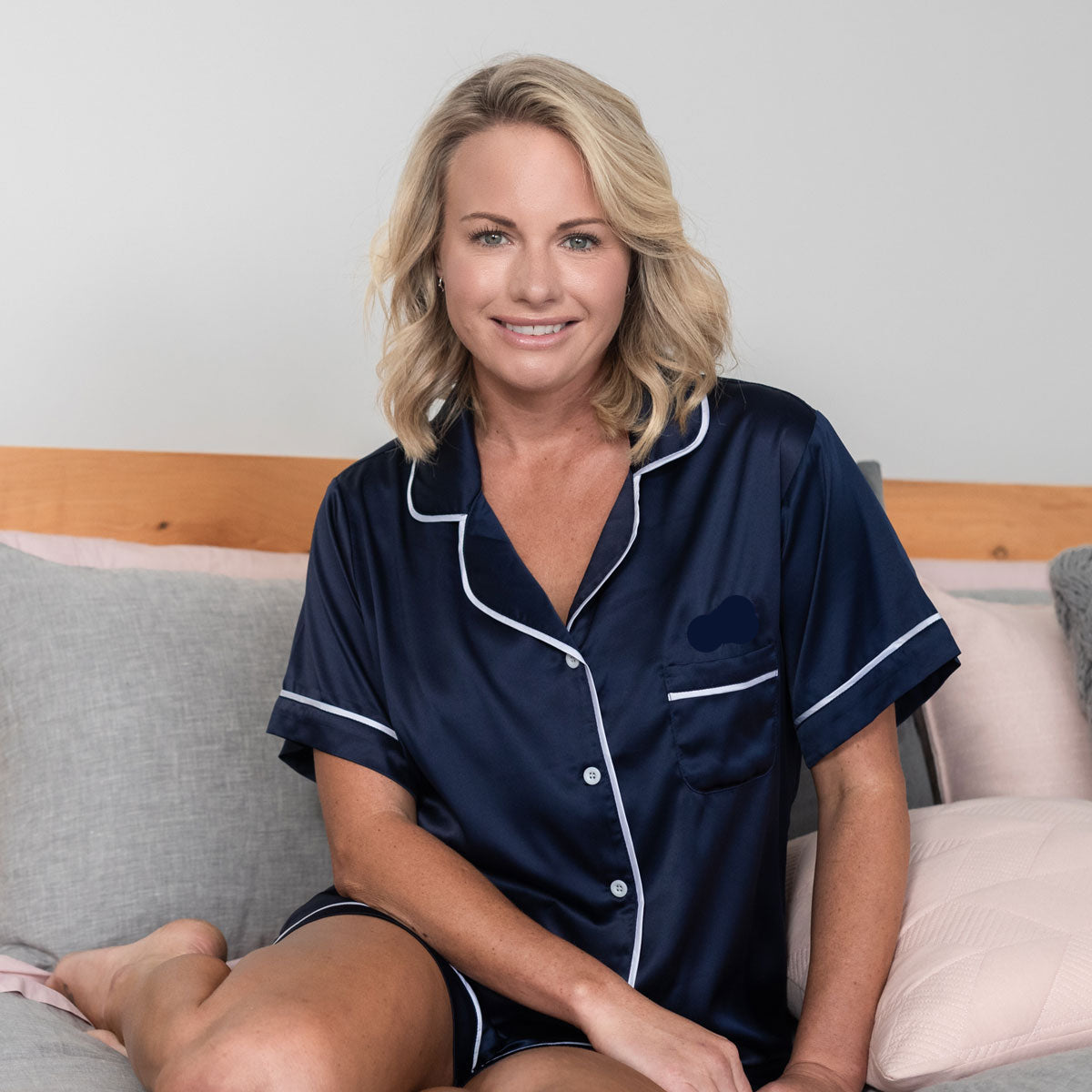 Satin Pyjama Set - Short Sleeve Navy White