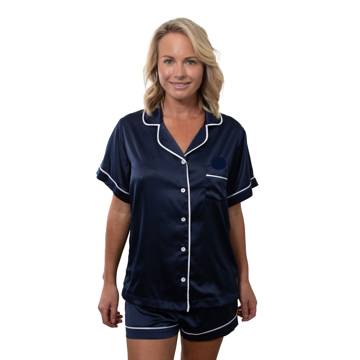 Satin Pyjama Set - Short Sleeve Navy White