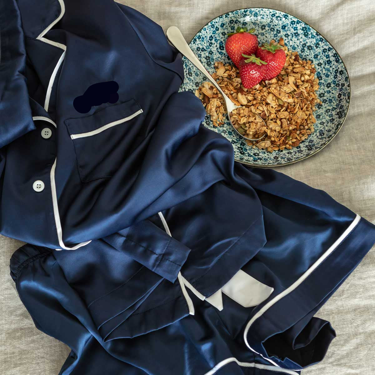 Satin Pyjama Set - Short Sleeve Navy White