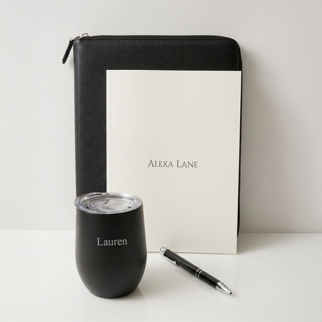Monogrammed Vegan Leather A4 Compendium & Insulated Tumbler Gift Set | Personalised Executive Gift Box - Alexa Lane