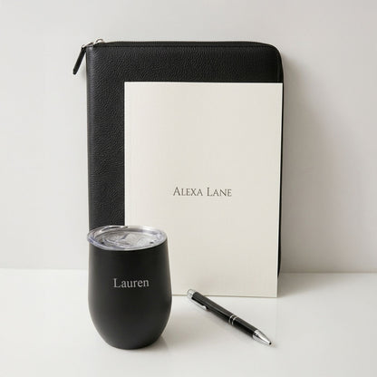 Monogrammed Vegan Leather A4 Compendium & Insulated Tumbler Gift Set | Personalised Executive Gift Box - Alexa Lane