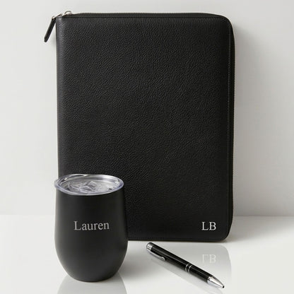 Monogrammed Vegan Leather A4 Compendium & Insulated Tumbler Gift Set | Personalised Executive Gift Box - Alexa Lane