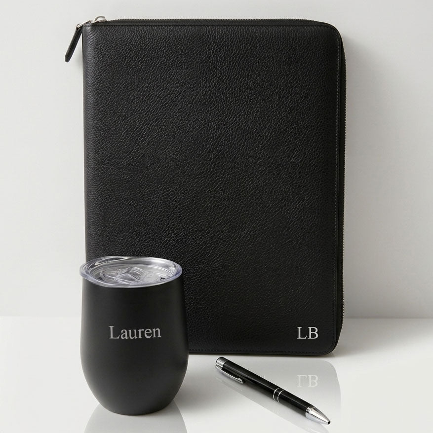 Monogrammed Vegan Leather A4 Compendium & Insulated Tumbler Gift Set | Personalised Executive Gift Box - Alexa Lane