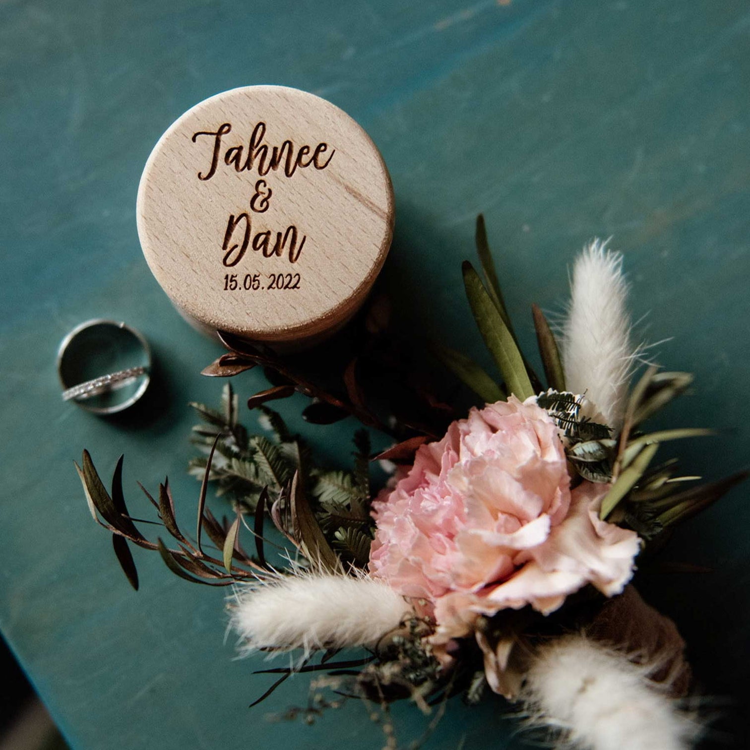 Personalised wooden ring box round Alexa Lane