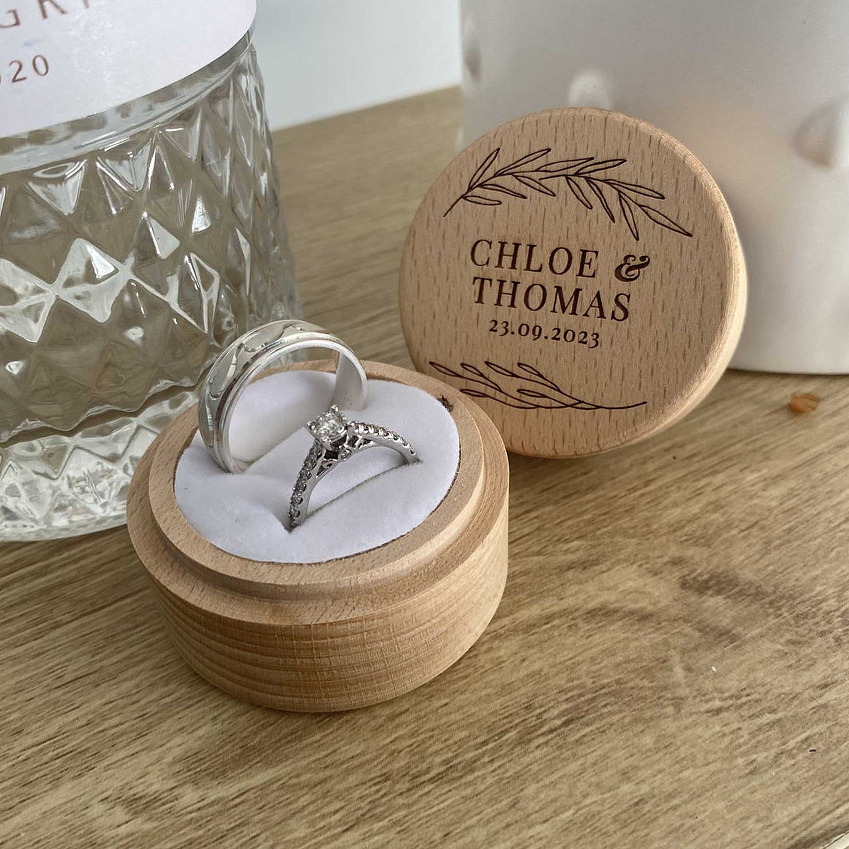 Personalised wooden ring box round Alexa Lane