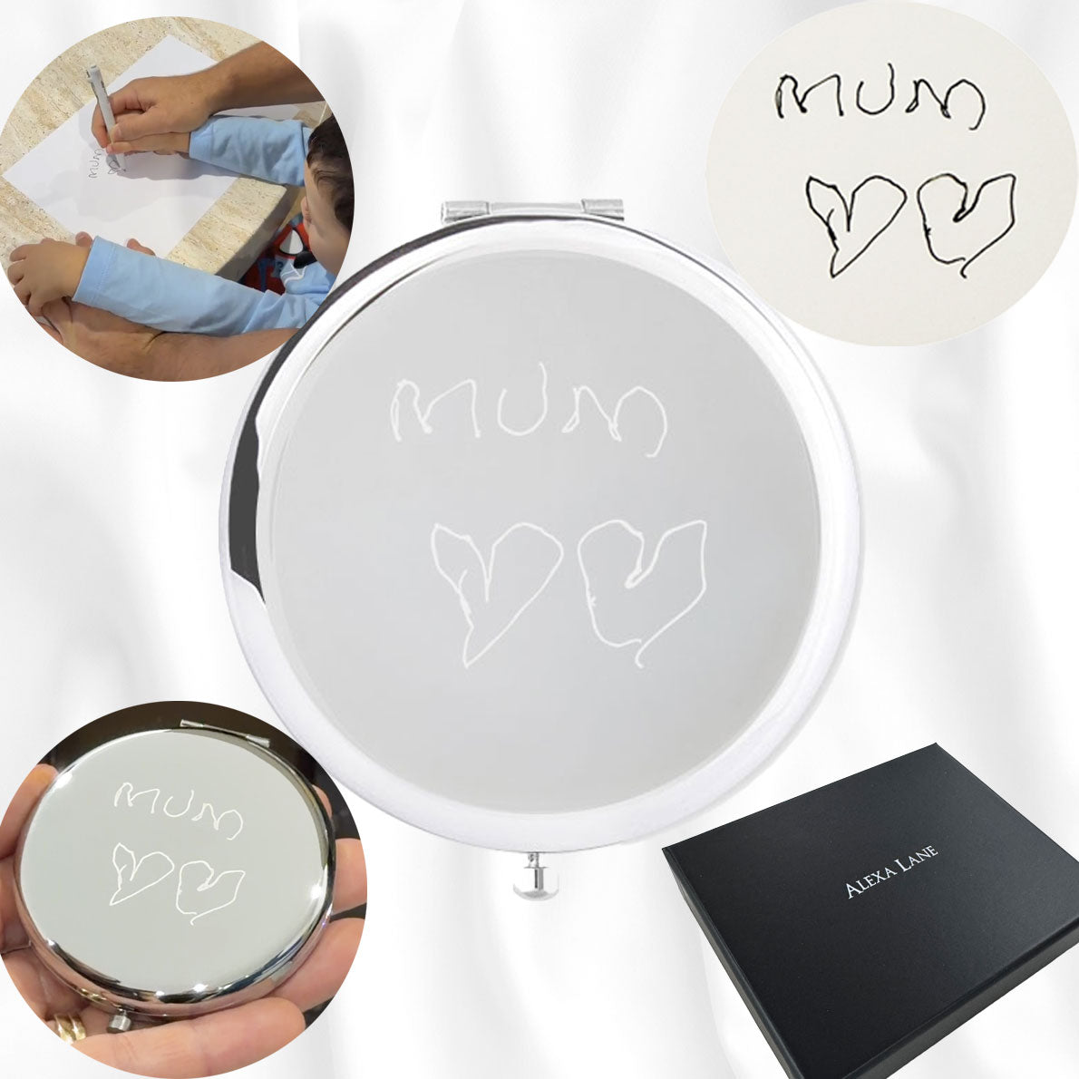 Personalised Child’s Drawing Compact Mirror - Custom Engraved Silver Mirror with Handwriting - Alexa Lane