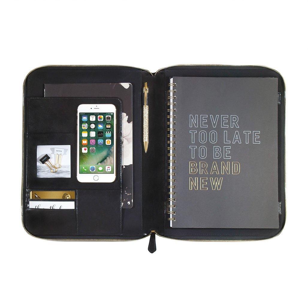 A4 Genuine Leather Black Zippered Compendium - Alexa Lane